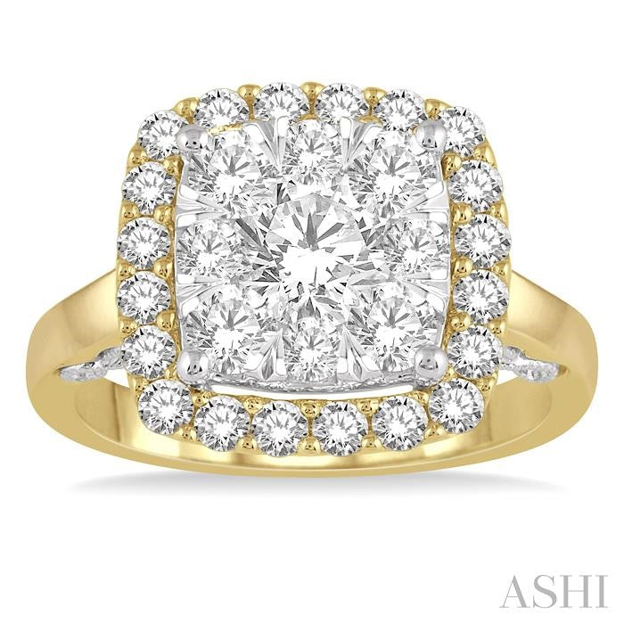 2 Ctw Cushion Shape Lovebright Round Cut Diamond Cluster Ring in 14K Yellow and white gold
