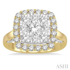 2 Ctw Cushion Shape Lovebright Round Cut Diamond Cluster Ring in 14K Yellow and white gold