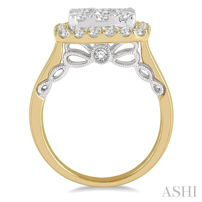 2 Ctw Cushion Shape Lovebright Round Cut Diamond Cluster Ring in 14K Yellow and white gold