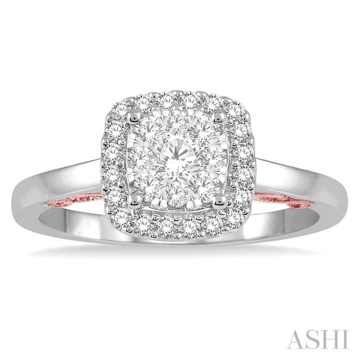1/2 Ctw Cushion Shape Lovebright Round Cut Diamond Ring in 14K White and Rose Gold