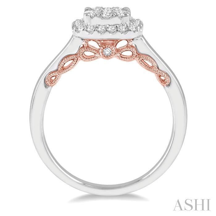 1/2 Ctw Cushion Shape Lovebright Round Cut Diamond Ring in 14K White and Rose Gold