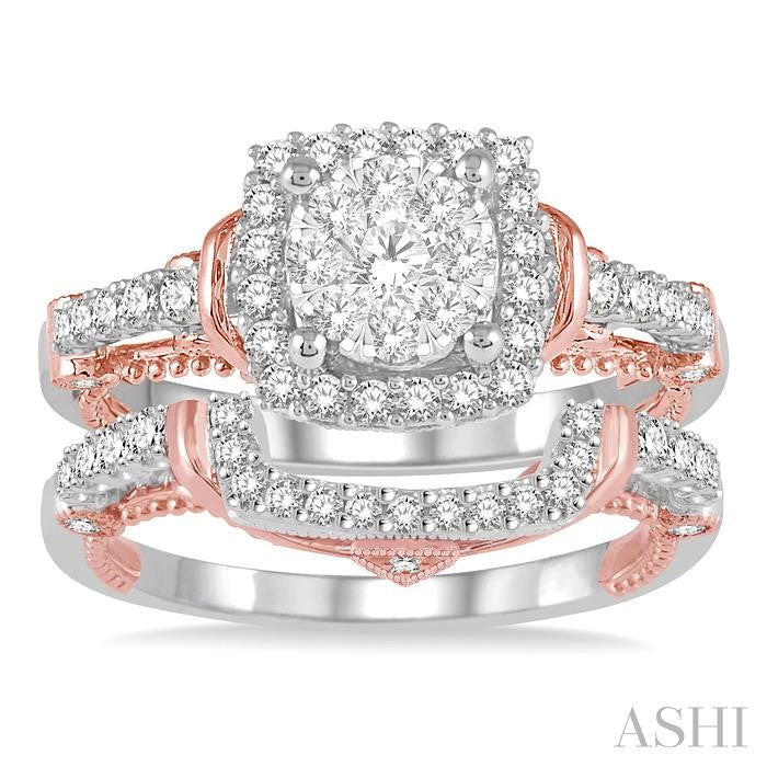 7/8 Ctw Lovebright Diamond Wedding Set With 5/8 Ctw Cushion Shape Engagement Ring and 1/5 Ctw Wedding Band in 14K White and Rose Gold