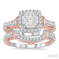 7/8 Ctw Lovebright Diamond Wedding Set With 5/8 Ctw Cushion Shape Engagement Ring and 1/5 Ctw Wedding Band in 14K White and Rose Gold