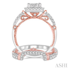 7/8 Ctw Lovebright Diamond Wedding Set With 5/8 Ctw Cushion Shape Engagement Ring and 1/5 Ctw Wedding Band in 14K White and Rose Gold