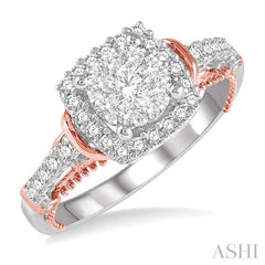 5/8 Ctw Cushion Shape Lovebright Diamond Engagement Ring in 14K White and Rose Gold