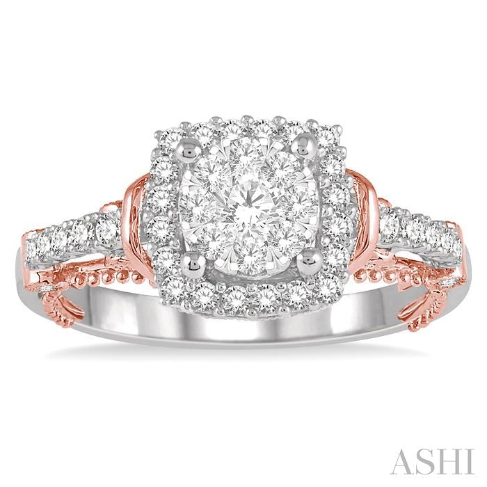 5/8 Ctw Cushion Shape Lovebright Diamond Engagement Ring in 14K White and Rose Gold