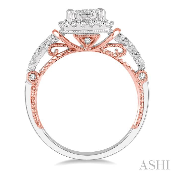 5/8 Ctw Cushion Shape Lovebright Diamond Engagement Ring in 14K White and Rose Gold