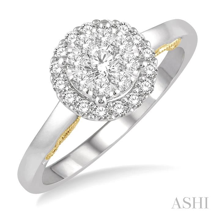 1/2 Ctw round Diamond Lovebright Solitaire Style Halo Engagement Ring in 14K White and Yellow Gold