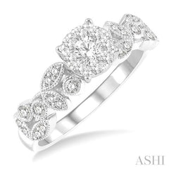 1/2 Ctw Marquise and Circular Mount Carved Lovebright Round Cut Diamond Engagement Ring in 14K White Gold