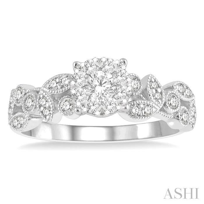 1/2 Ctw Marquise and Circular Mount Carved Lovebright Round Cut Diamond Engagement Ring in 14K White Gold
