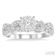 1/2 Ctw Marquise and Circular Mount Carved Lovebright Round Cut Diamond Engagement Ring in 14K White Gold