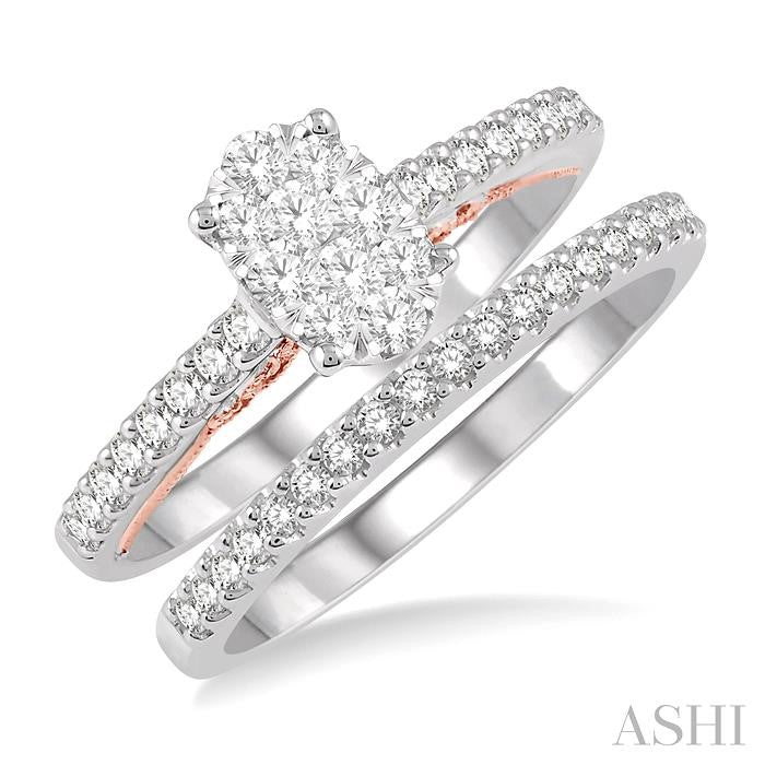 1/2 Ctw Lovebright Diamond Wedding Set With 1/3 Ctw Oval Shape Engagement Ring in 14K White and Rose Gold and 1/6 Ctw Wedding Band in 14K White