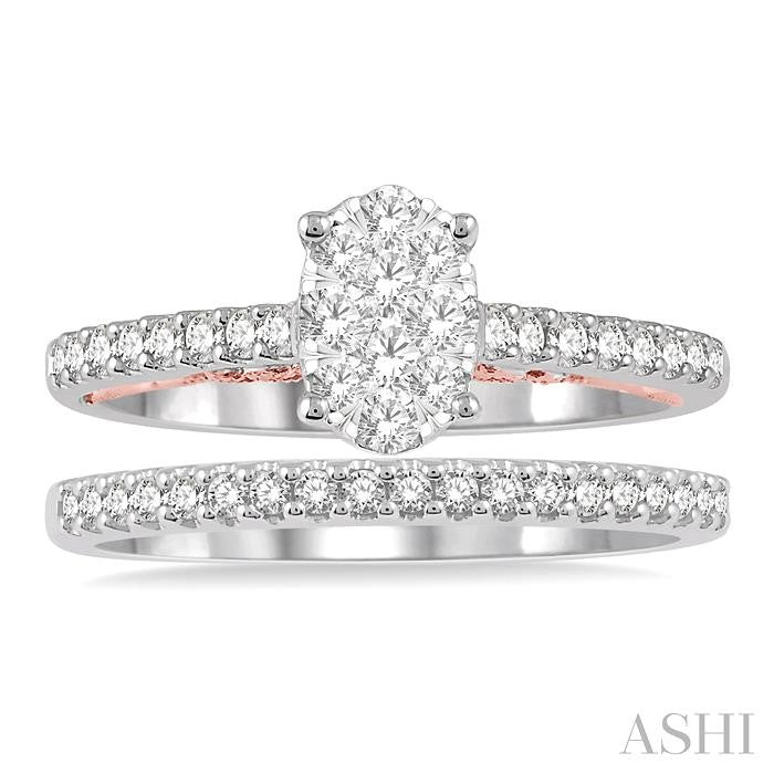 1/2 Ctw Lovebright Diamond Wedding Set With 1/3 Ctw Oval Shape Engagement Ring in 14K White and Rose Gold and 1/6 Ctw Wedding Band in 14K White