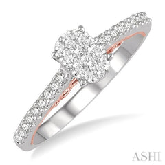 1/3 Ctw Oval Shape Lovebright Round Cut Diamond Ring in 14K White and Rose Gold