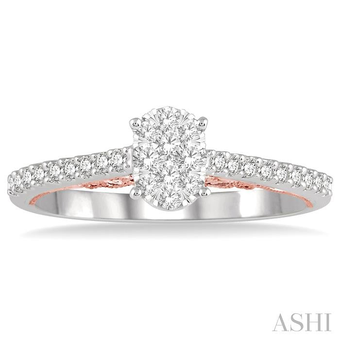 1/3 Ctw Oval Shape Lovebright Round Cut Diamond Ring in 14K White and Rose Gold