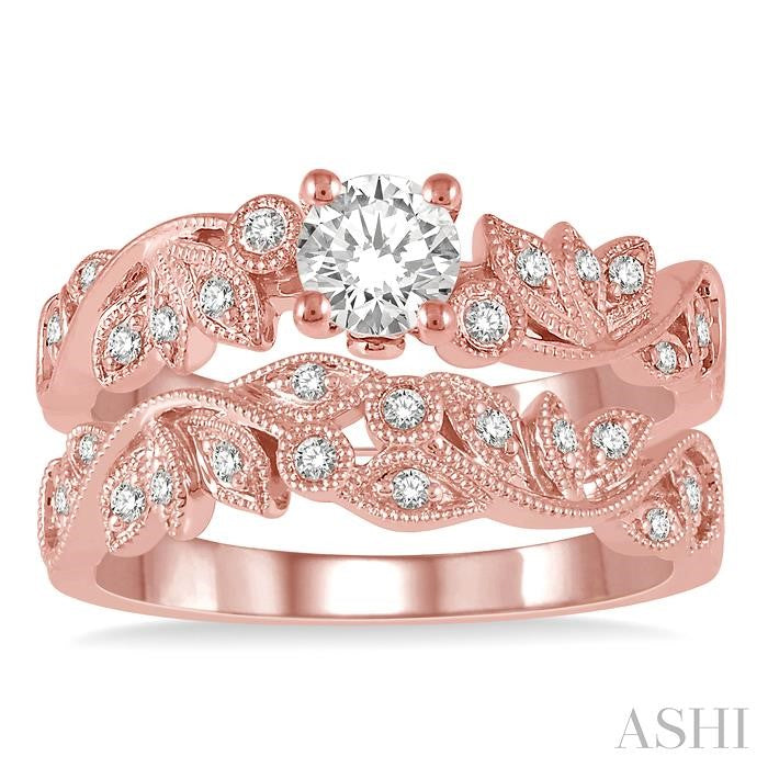 1/2 Ctw Diamond Wedding Set with 1/2 Ctw Round Cut Engagement Ring and 1/10 Ctw Wedding Band in 14K Rose Gold