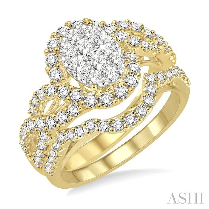 1 1/5 Ctw Lovebright Round Diamond Wedding Set With 1 Ctw Oval Shape Criss Cross Engagement Ring and 1/5 Ctw Wedding Band in 14K Yellow and White Gold