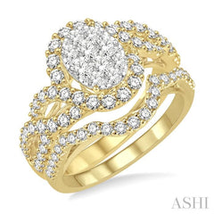 1 1/5 Ctw Lovebright Round Diamond Wedding Set With 1 Ctw Oval Shape Criss Cross Engagement Ring and 1/5 Ctw Wedding Band in 14K Yellow and White Gold