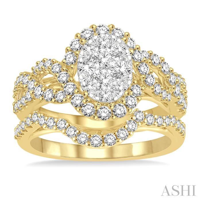 1 1/5 Ctw Lovebright Round Diamond Wedding Set With 1 Ctw Oval Shape Criss Cross Engagement Ring and 1/5 Ctw Wedding Band in 14K Yellow and White Gold