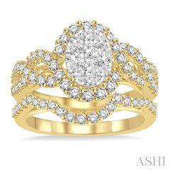 1 1/5 Ctw Lovebright Round Diamond Wedding Set With 1 Ctw Oval Shape Criss Cross Engagement Ring and 1/5 Ctw Wedding Band in 14K Yellow and White Gold