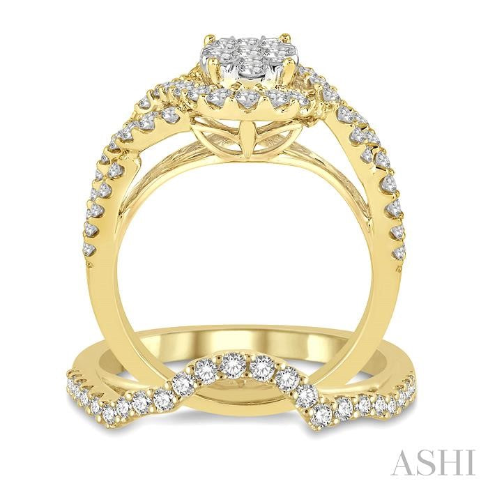 1 1/5 Ctw Lovebright Round Diamond Wedding Set With 1 Ctw Oval Shape Criss Cross Engagement Ring and 1/5 Ctw Wedding Band in 14K Yellow and White Gold