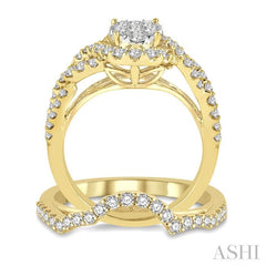 1 1/5 Ctw Lovebright Round Diamond Wedding Set With 1 Ctw Oval Shape Criss Cross Engagement Ring and 1/5 Ctw Wedding Band in 14K Yellow and White Gold