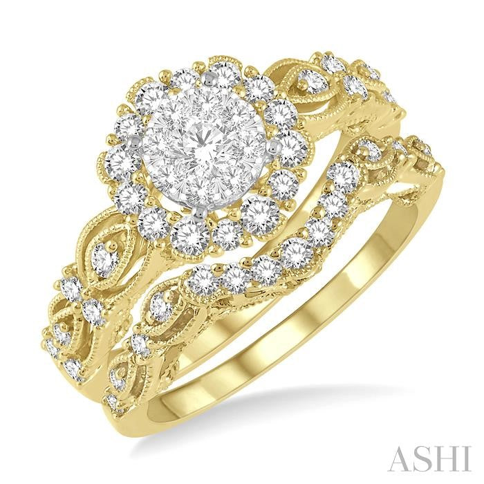 7/8 Ctw Diamond Lovebright Wedding Set with 3/4 Ctw Engagement Ring and 1/5 Ctw Wedding Band in 14K Yellow and White Gold