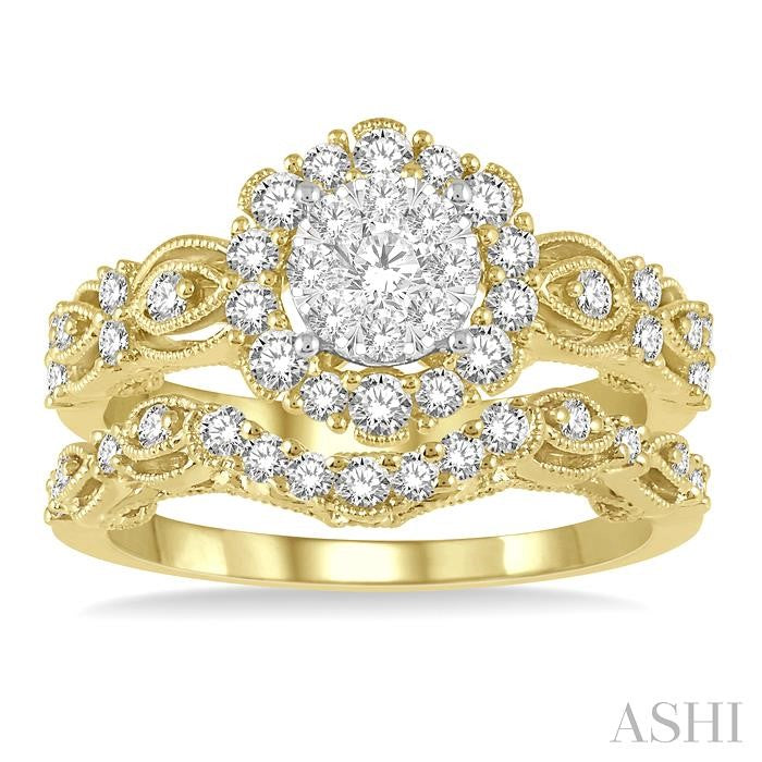 7/8 Ctw Diamond Lovebright Wedding Set with 3/4 Ctw Engagement Ring and 1/5 Ctw Wedding Band in 14K Yellow and White Gold
