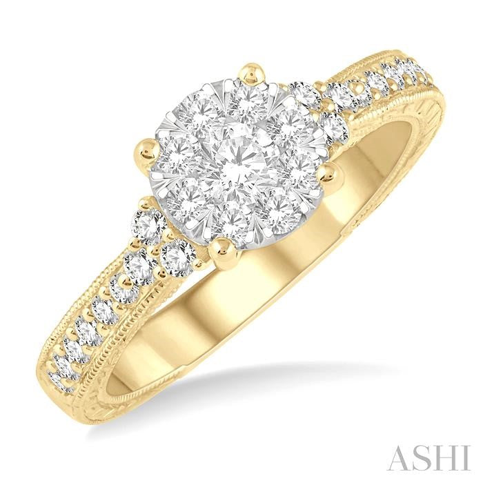 5/8 Ctw Round Shape Lovebright Diamond Cluster Ring in 14K Yellow and White Gold