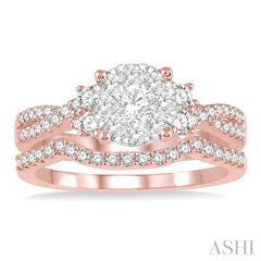 7/8 Ctw Lovebright Round Diamond Wedding Set With 3/4 Ctw Criss Cross Shank Engagement Ring and 1/6 Ctw Arched Wedding Band in 14K Rose & White Gold