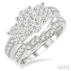 1 1/3 Ctw Lovebright Round Cut Diamond Wedding Set With 7/8 Ctw Oval Shape Engagement Ring and 3/8 Ctw Stepped Carving Wedding Band in 14K White Gold