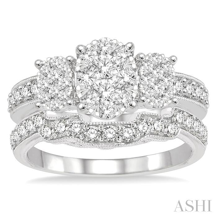 1 1/3 Ctw Lovebright Round Cut Diamond Wedding Set With 7/8 Ctw Oval Shape Engagement Ring and 3/8 Ctw Stepped Carving Wedding Band in 14K White Gold