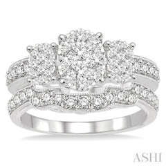 1 1/3 Ctw Lovebright Round Cut Diamond Wedding Set With 7/8 Ctw Oval Shape Engagement Ring and 3/8 Ctw Stepped Carving Wedding Band in 14K White Gold