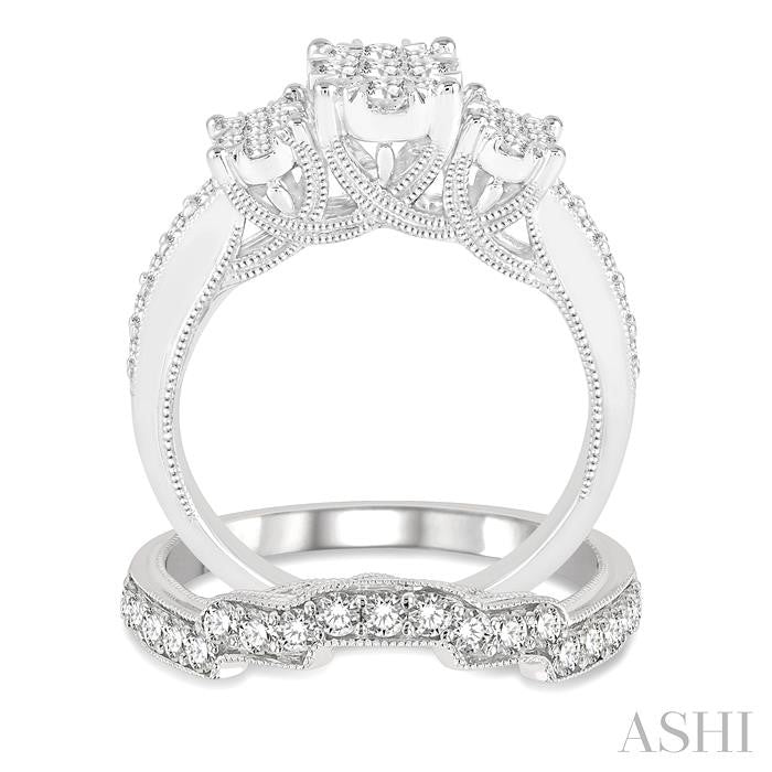 1 1/3 Ctw Lovebright Round Cut Diamond Wedding Set With 7/8 Ctw Oval Shape Engagement Ring and 3/8 Ctw Stepped Carving Wedding Band in 14K White Gold