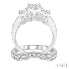 1 1/3 Ctw Lovebright Round Cut Diamond Wedding Set With 7/8 Ctw Oval Shape Engagement Ring and 3/8 Ctw Stepped Carving Wedding Band in 14K White Gold
