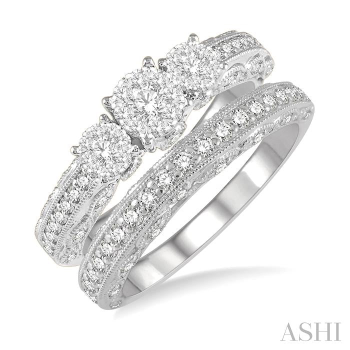 1 Ctw Lovebright Round Cut Diamond Wedding Set With 1/2 Ctw Tri-Mount Engagement Ring and 3/8 Ctw Lattice Wedding Band in 14K White Gold