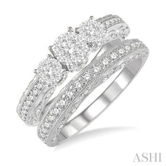 1 Ctw Lovebright Round Cut Diamond Wedding Set With 1/2 Ctw Tri-Mount Engagement Ring and 3/8 Ctw Lattice Wedding Band in 14K White Gold