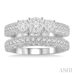 1 Ctw Lovebright Round Cut Diamond Wedding Set With 1/2 Ctw Tri-Mount Engagement Ring and 3/8 Ctw Lattice Wedding Band in 14K White Gold