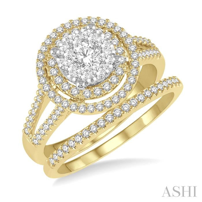 3/4 Ctw Lovebright Round Cut Diamond Wedding Set With 3/4 Ctw Round Split Shank Engagement Ring and 1/10 Ctw Wedding Band in 14K Yellow and White Gold