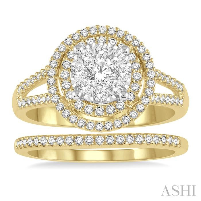3/4 Ctw Lovebright Round Cut Diamond Wedding Set With 3/4 Ctw Round Split Shank Engagement Ring and 1/10 Ctw Wedding Band in 14K Yellow and White Gold