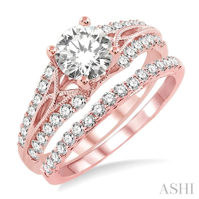 1 1/6 Ctw Diamond Wedding Set with 7/8 Ctw Round Cut Engagement Ring and 1/4 Ctw Wedding Band in 14K Rose Gold