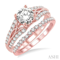 1 1/6 Ctw Diamond Wedding Set with 7/8 Ctw Round Cut Engagement Ring and 1/4 Ctw Wedding Band in 14K Rose Gold