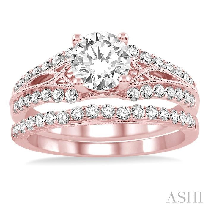 1 1/6 Ctw Diamond Wedding Set with 7/8 Ctw Round Cut Engagement Ring and 1/4 Ctw Wedding Band in 14K Rose Gold