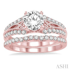 1 1/6 Ctw Diamond Wedding Set with 7/8 Ctw Round Cut Engagement Ring and 1/4 Ctw Wedding Band in 14K Rose Gold