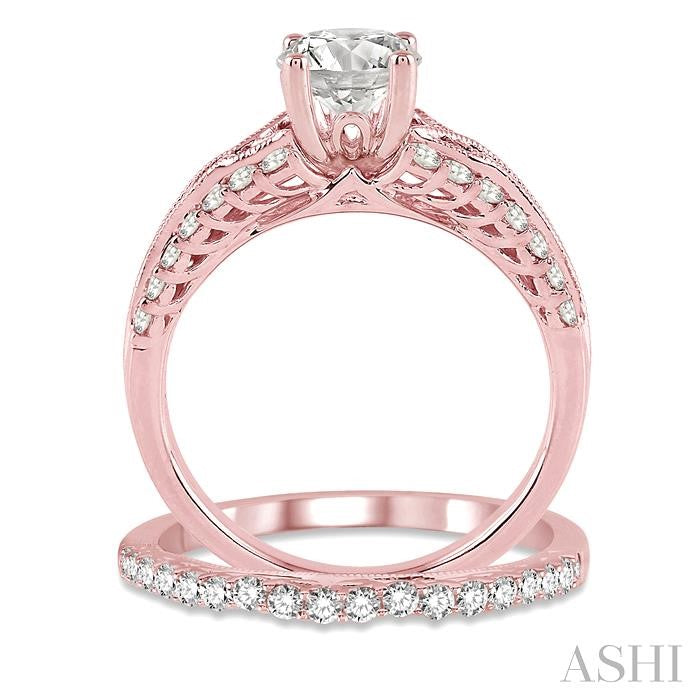 1 1/6 Ctw Diamond Wedding Set with 7/8 Ctw Round Cut Engagement Ring and 1/4 Ctw Wedding Band in 14K Rose Gold