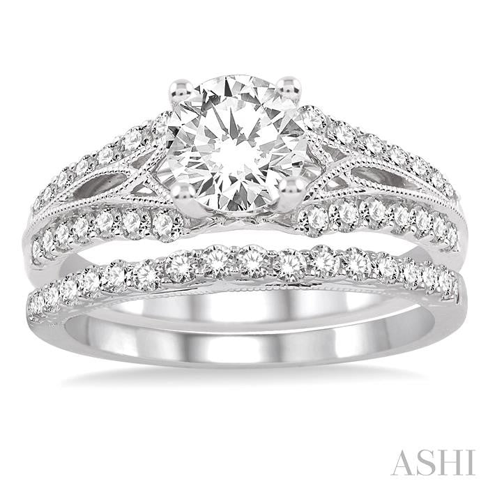 1 1/6 Ctw Diamond Wedding Set with 7/8 Ctw Round Cut Engagement Ring and 1/4 Ctw Wedding Band in 14K White Gold