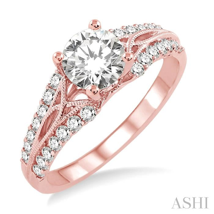 7/8 Ctw Diamond Engagement Ring with 1/2 Ct Round Cut Center Stone in 14K Rose Gold