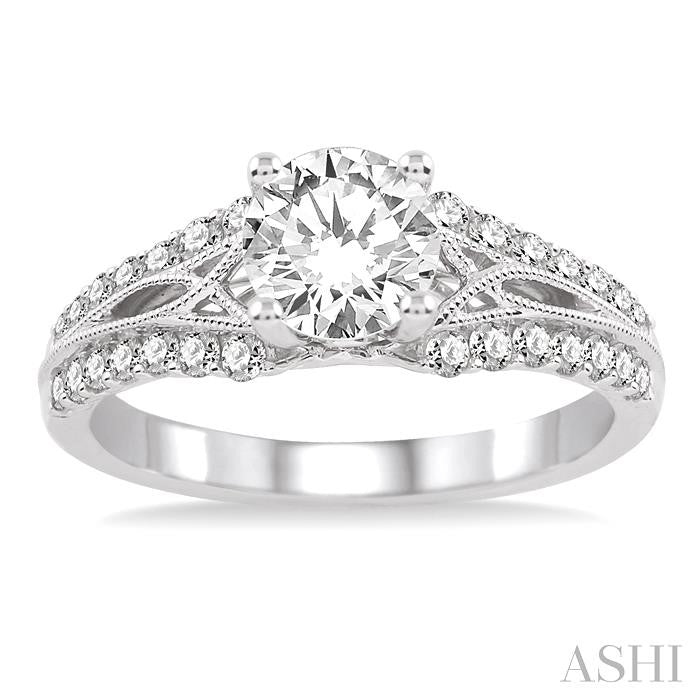 7/8 Ctw Diamond Engagement Ring with 1/2 Ct Round Cut Center Stone in 14K White Gold