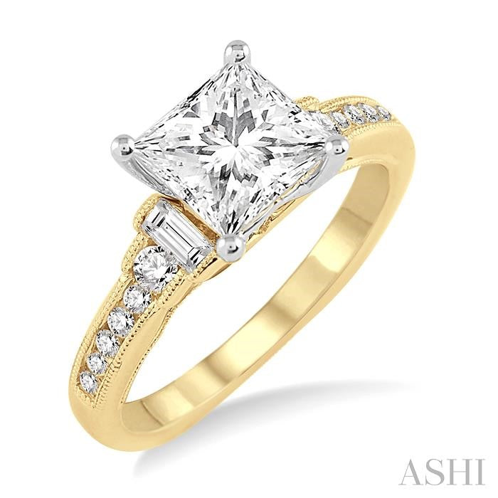7/8 Ctw Diamond Ladies Engagement Ring with 1/2 Ct Princess Cut Center Stone in 14K Yellow and White Gold
