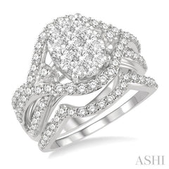 1 1/3 Ctw Lovebright Round Cut Diamond Wedding Set With 1 Ctw Split Oval Shape Engagement Ring and 1/4 Ctw Crescent Wedding Band in 14K White Gold